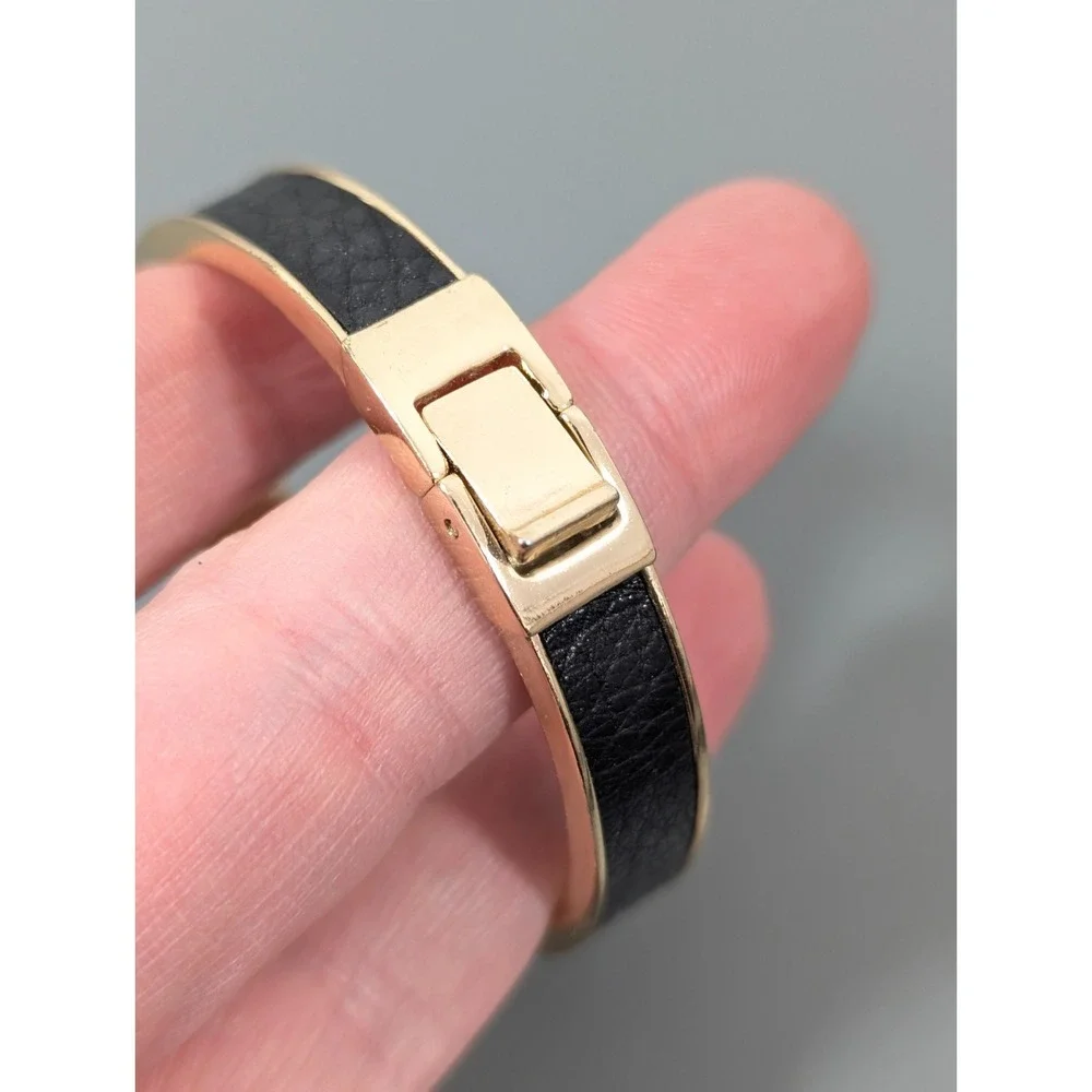 LOFT Black Leather Inlay Gold Tone‎ Hinge Bangle Bracelet 6.5 in